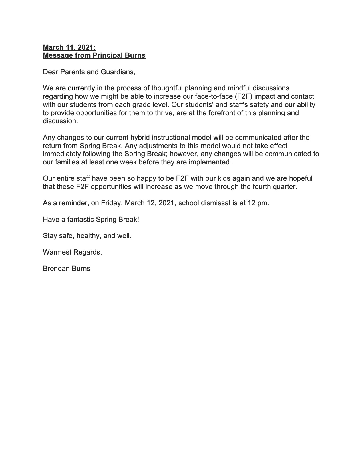 Principals Letter March 2021