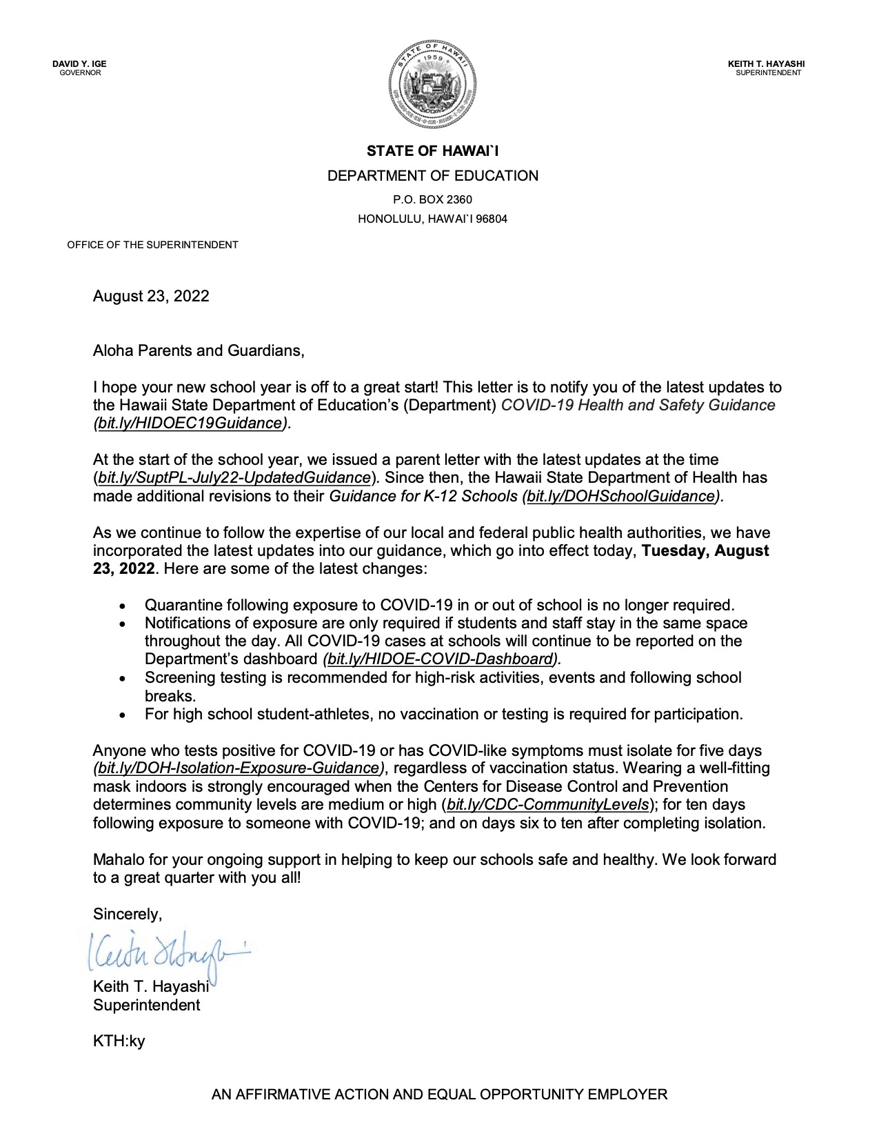 2022-08-23 Supt Hayashi parent letter - health and safety